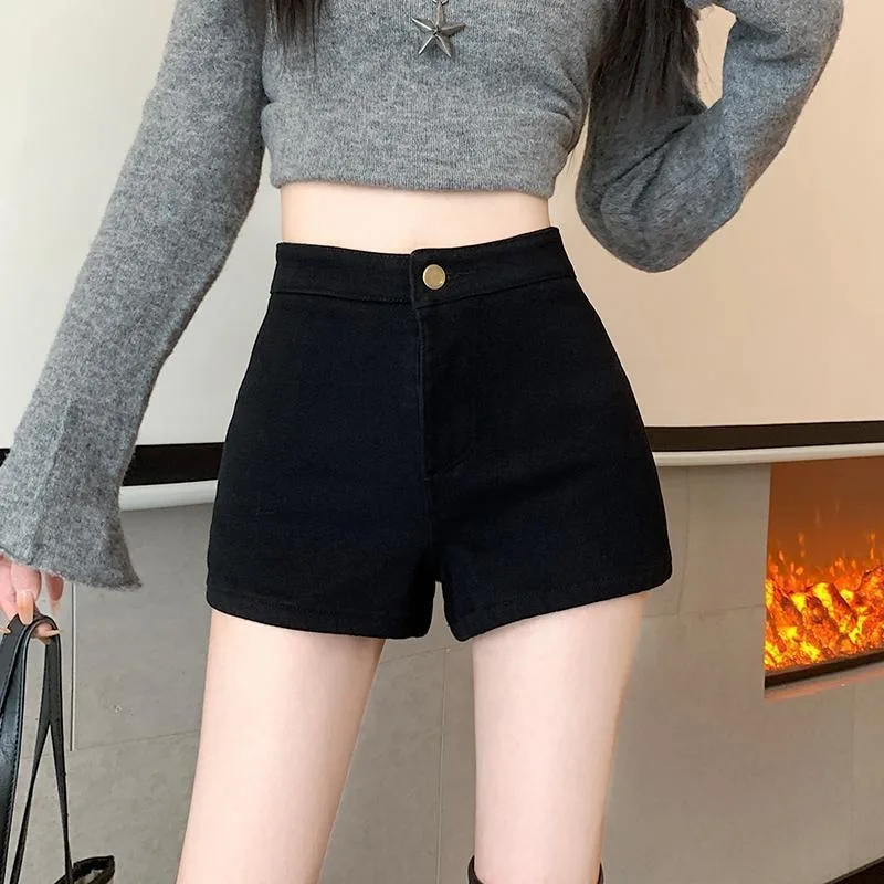 Women High Waist Fleece Lined Denim Shorts Slim Fit Warm Short Pants For Autumn Winter Outer Wear