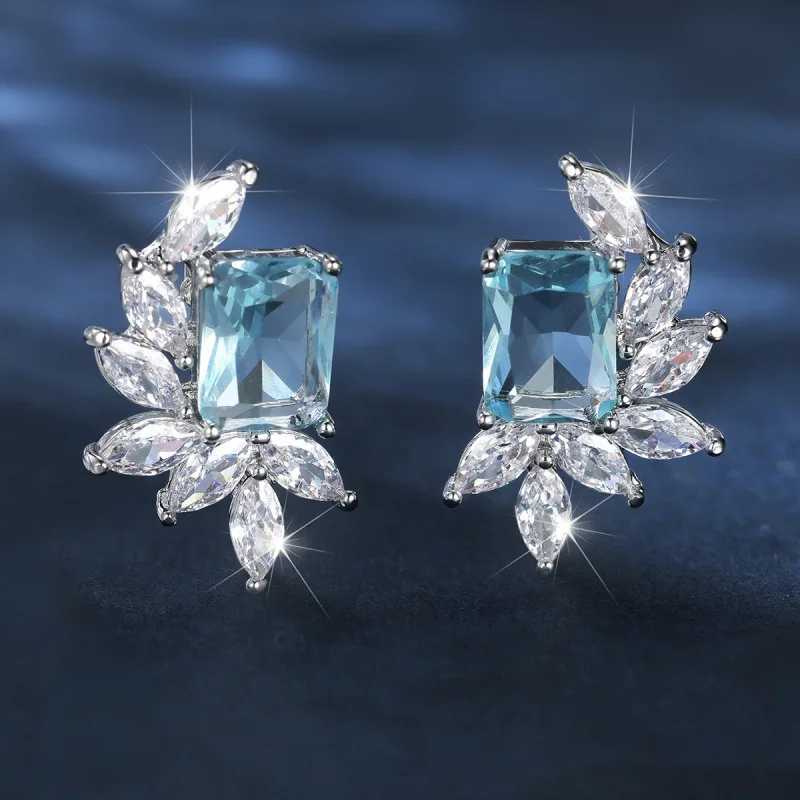 2026 New Shallow Sea Blue Rectangular Leaf Earrings, Simple and Niche, Light Luxury and High-end Jewelry Accessories