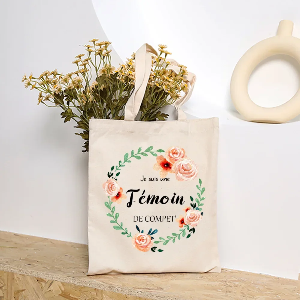 French Temoin Flower Printed Shoulder Bag Witness Tote Bags Female Neceser Canvas Eco Handbag Bride Wedding Gifts for Witness