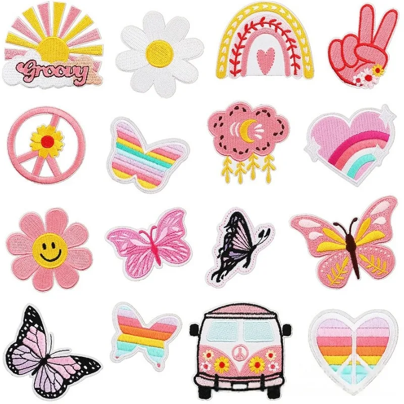 Pink Bus Butterfly Sunflower Embroidery Decoration Ironed Sewing DIY Cartoon Floral Logo Clothing Shoes Hat Bag Patch