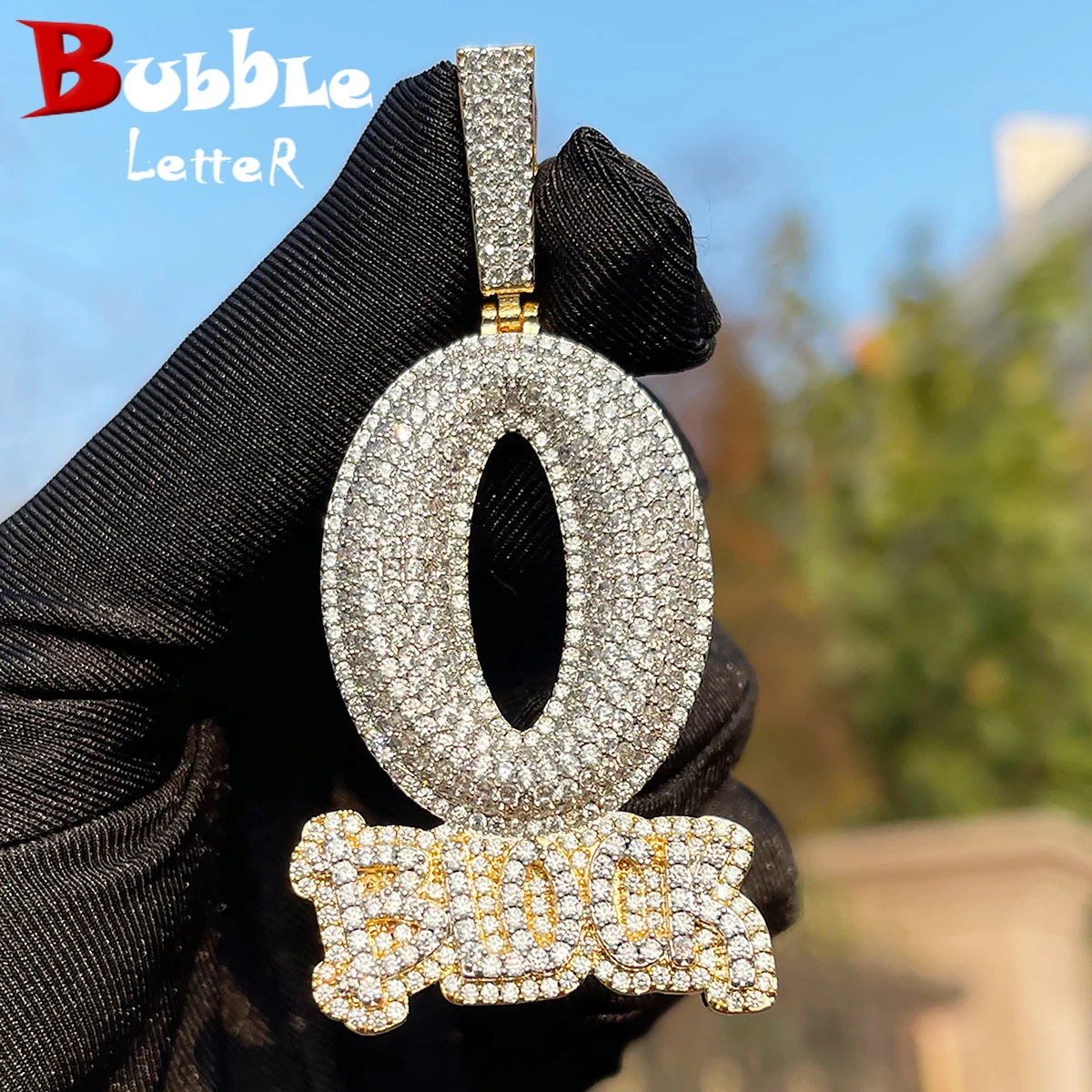 Bubble Letter Iced Out O Block Pendant Real Gold Plated Cubic Zirconia Micro Pave Hip Hop Jewelry