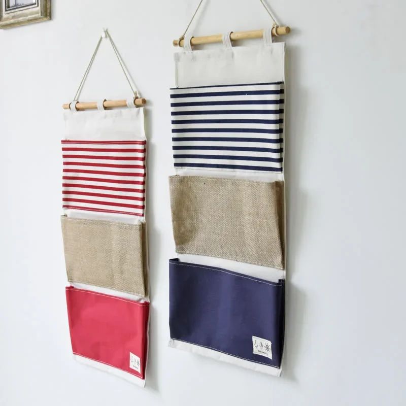 

Multi-Function Wall Hanging Storage Bag Fabric Pouch Striped Splicing Closet Door Organizer Home 3 Large Pockets Sundry Wall Bag