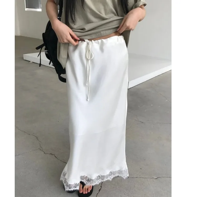 High Waist Straight Lace Patchwork Satin Half Skirt Women's Fashion Summer 2026 China Origin Straight Cut Skirt