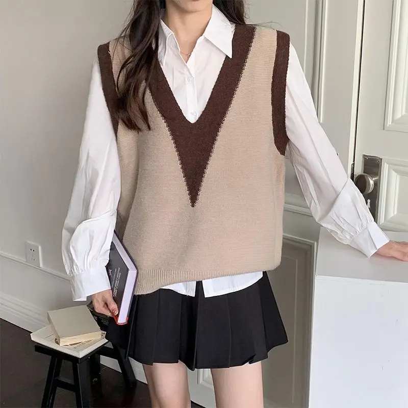 

Autumn Knitted Pullover Women Sweater Vest New V-Neck Loose Fashion Preppy Style Diamond Plaid Vintage Elastic Sleeveless Tops