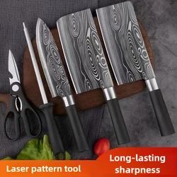 Utility Stainless Steel Sharp Slicing Chef Knife Kitchen Knives Scissors Sharpening Rod Set Laser Damascus Pattern Cooking Tool