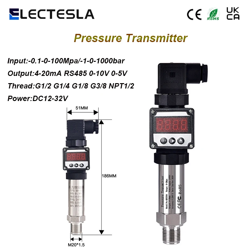 

LED Water Pressure Oil Pressure Transmitter Gas Liquid Pressure Sensor 4-20mA Output -1-0-1000bar Input Power DC24V Thread G1/4