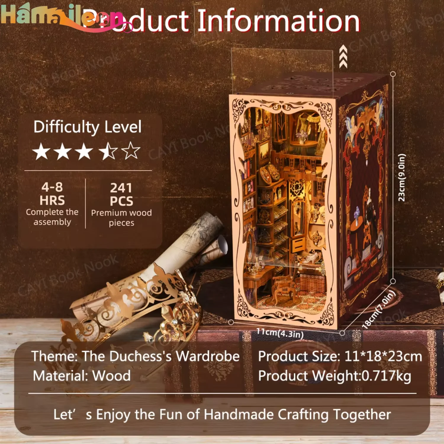 Hamaileon livre coin Kit maison de poupée Booknook 3D Puzzle en bois bricolage coin livre étagère insérer avec lumière (l'armoire du duchesse