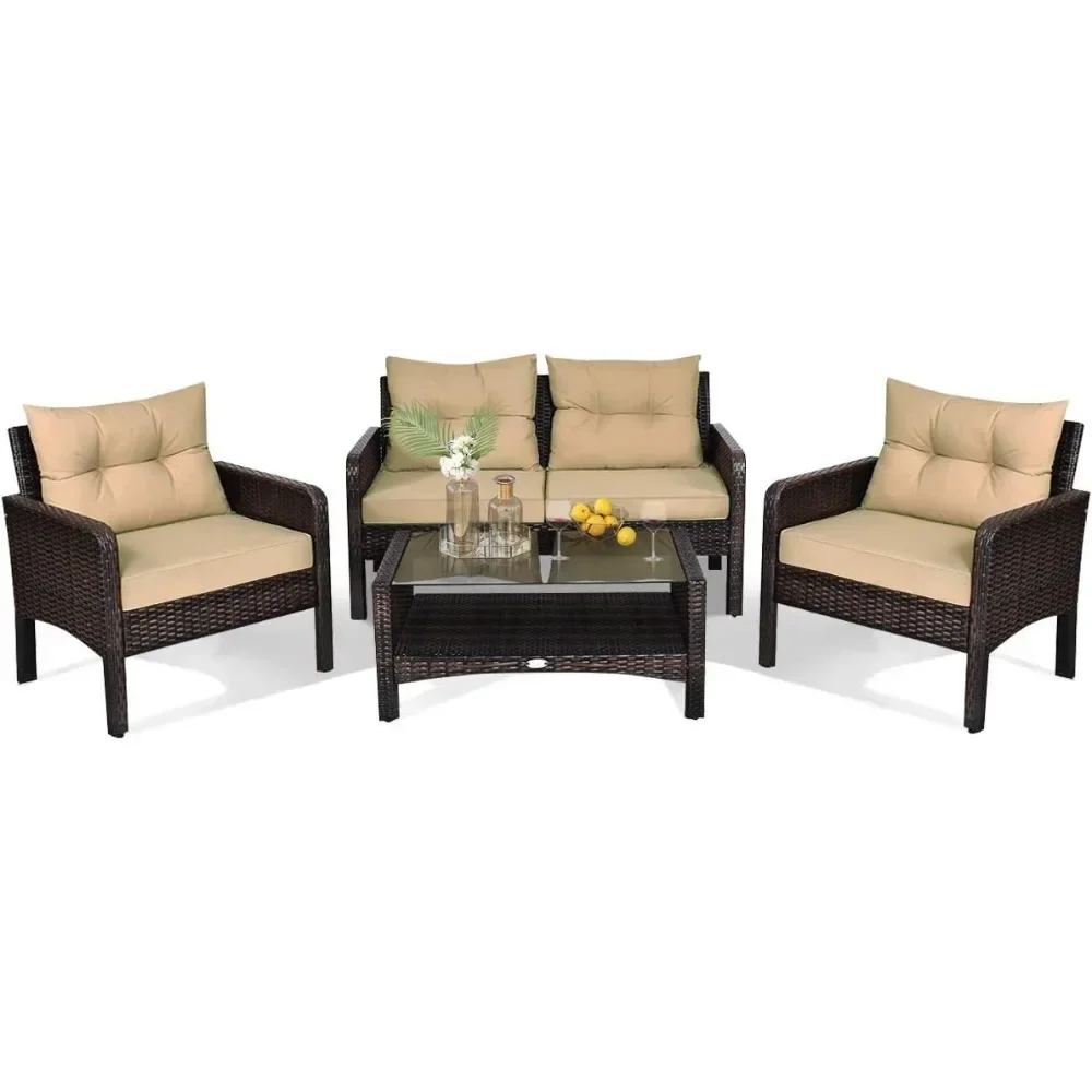 for Patio Furniture Set 4-Piece Outdoor Rattan Wicker Sofa Set with Cushions & Coffee Table with Tempered Glass Table Top