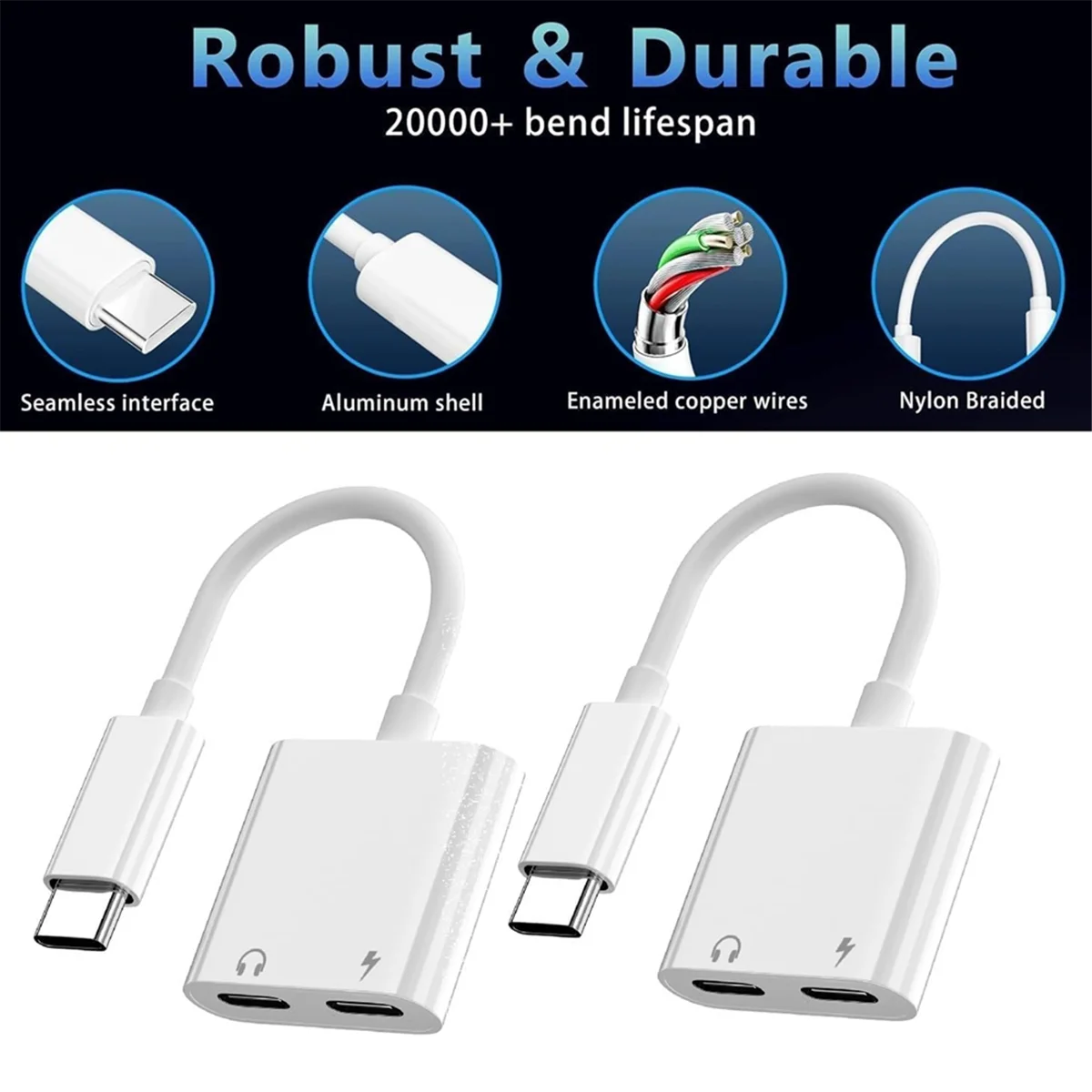 Adaptor pengisi daya Headphone USB C ke USB-C, 2 buah adaptor pengisi daya Audio Tipe C 2-In-1 dengan pengisian cepat PD, Dongle pemisah USB C