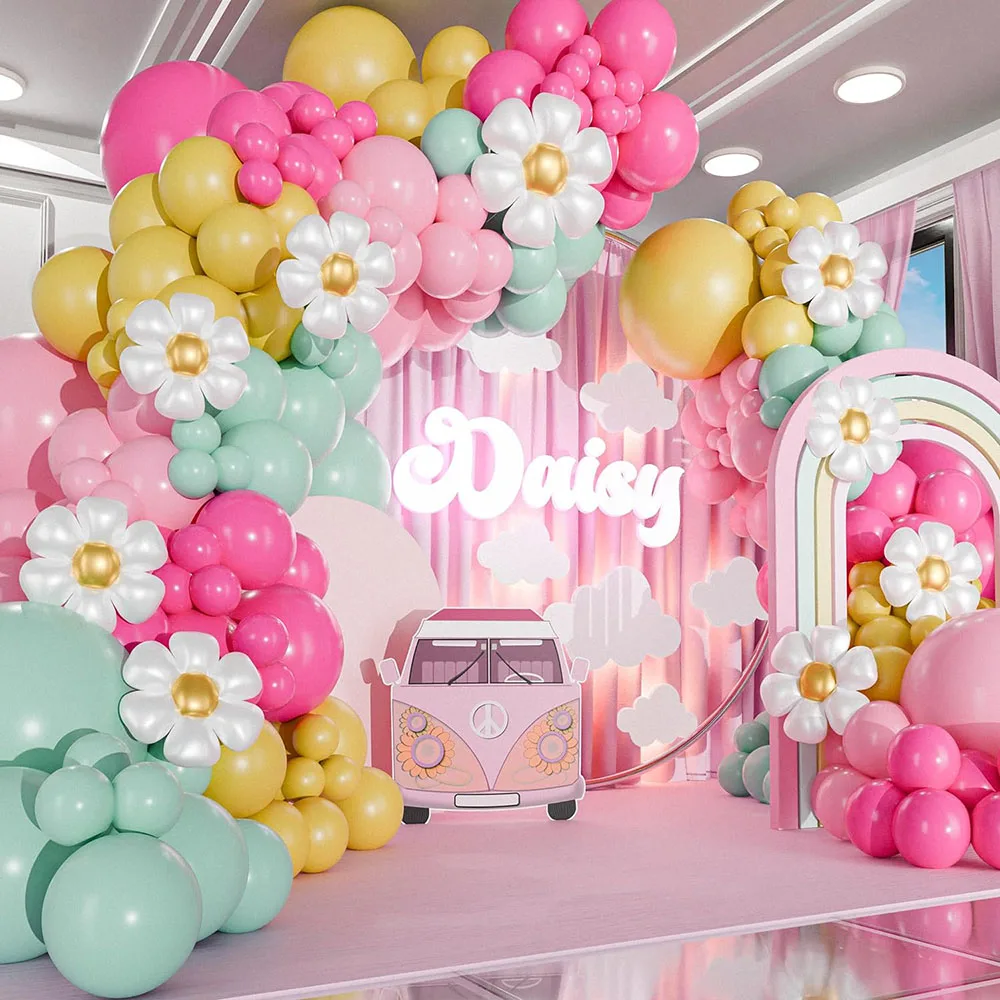 Zestaw girlandy balonowej All-In-One Daisy i łuk z Daisy - małe i duże jasnoróżowe zielone żółte dwie modne balony - dekoracja urodzinowa lub baby shower - hipisowskie kwiaty retro