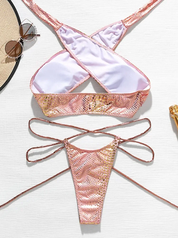 Snake Skin Mini Micro Thong Bikini Women Swimwear Female Swimsuit Two Pieces Bikini Set Halter Wrap Around Bathing Suit Swim