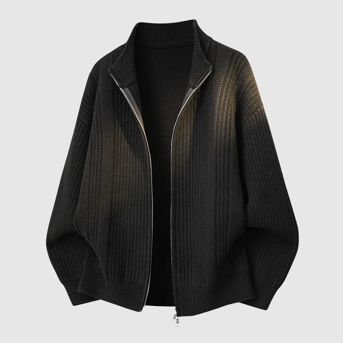 

Мужской вязаный кардиган-свитер 2025 года в американском стиле, с двойной молнией, повседневный, в уличном стиле, с воротником-стойкой, универсальная верхняя одежда