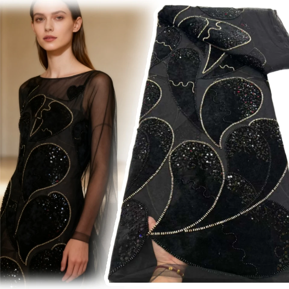 

African Velvet Lace Fabric 2025 High Quality Nigeria Sequins French Velvet Lace Fabric for Party Wedding Dress Sew Cloth TP1801