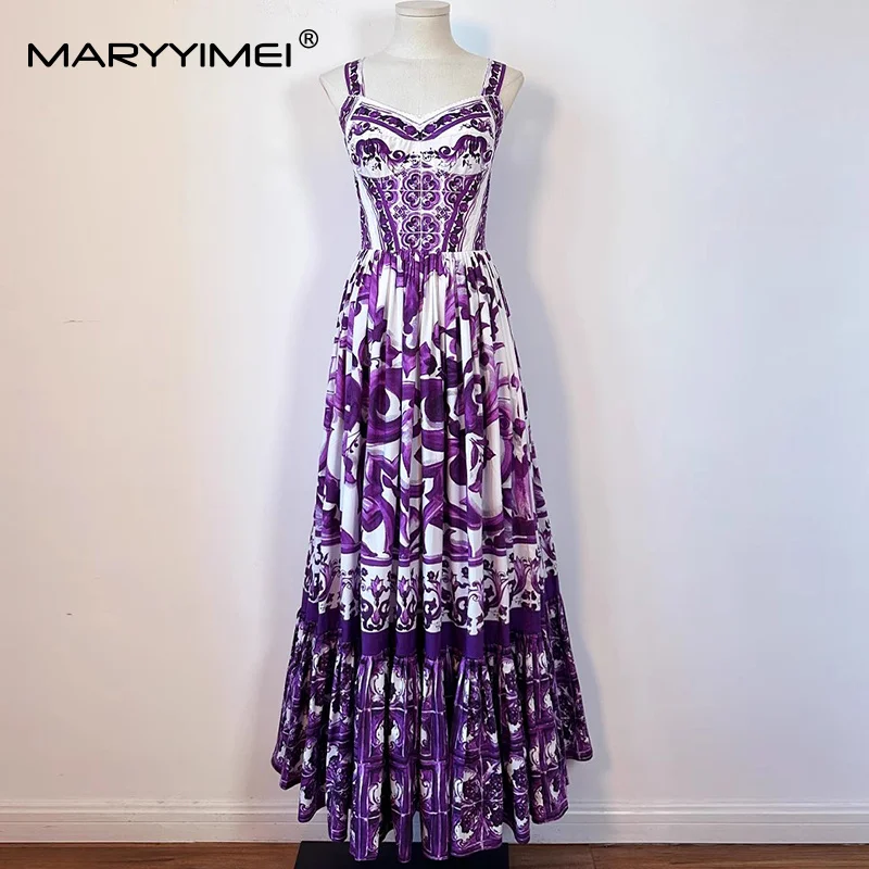 MARYYIMEI カジュアルホリデースタイルの女性のドレススパゲッティストラップバックレスパープルバロックプリントビッグスイングコットンドレス