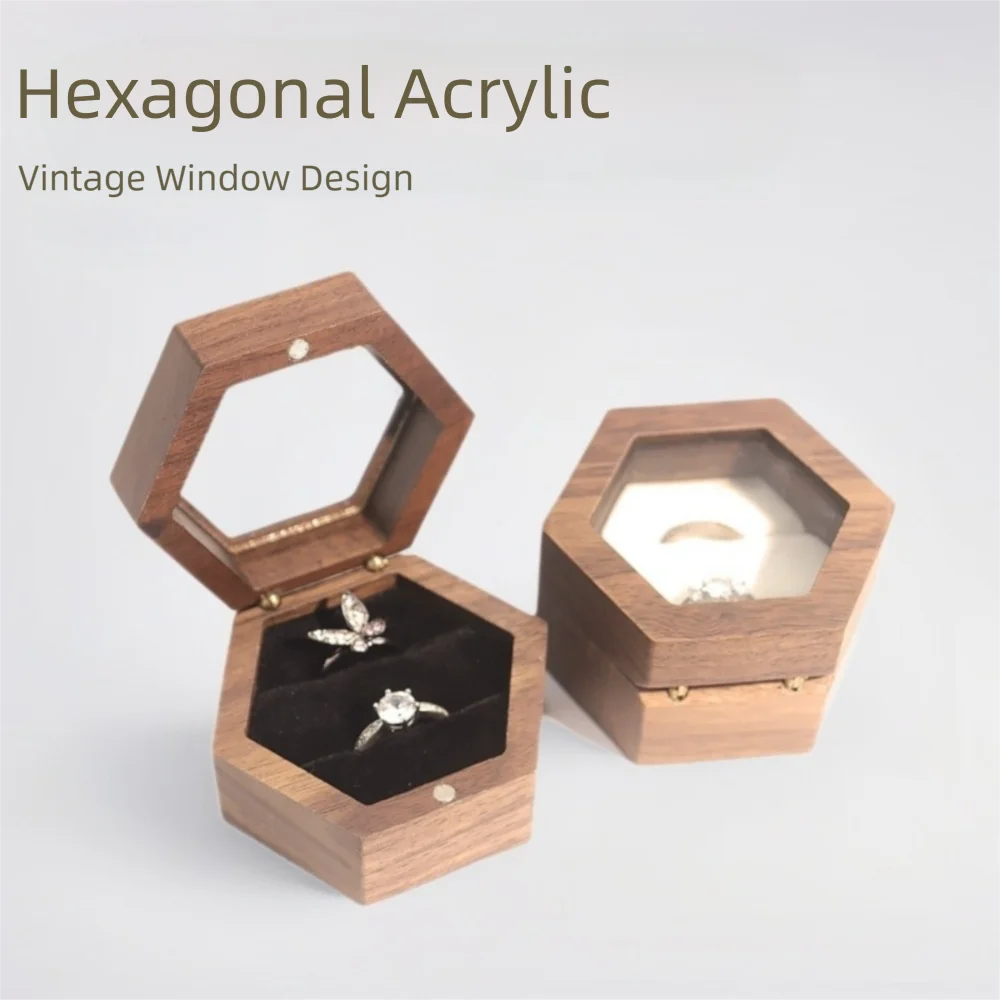 High-quality Wooden Jewelry Box Retro Hexagon Lover Ring Display Box Storage Holder Love Gift