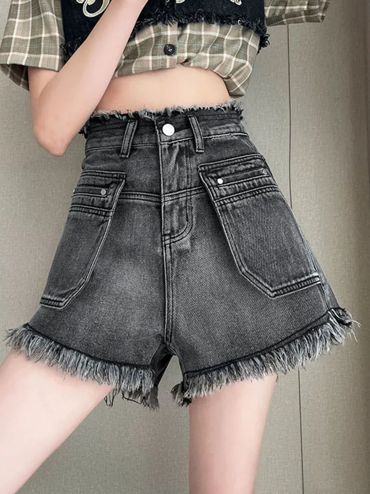 

White Denim Shorts Women New High-Waist Ripped Fringed Burr Hot Pants 2023 Summer Loose Wide-Leg Korean Style Short Femme