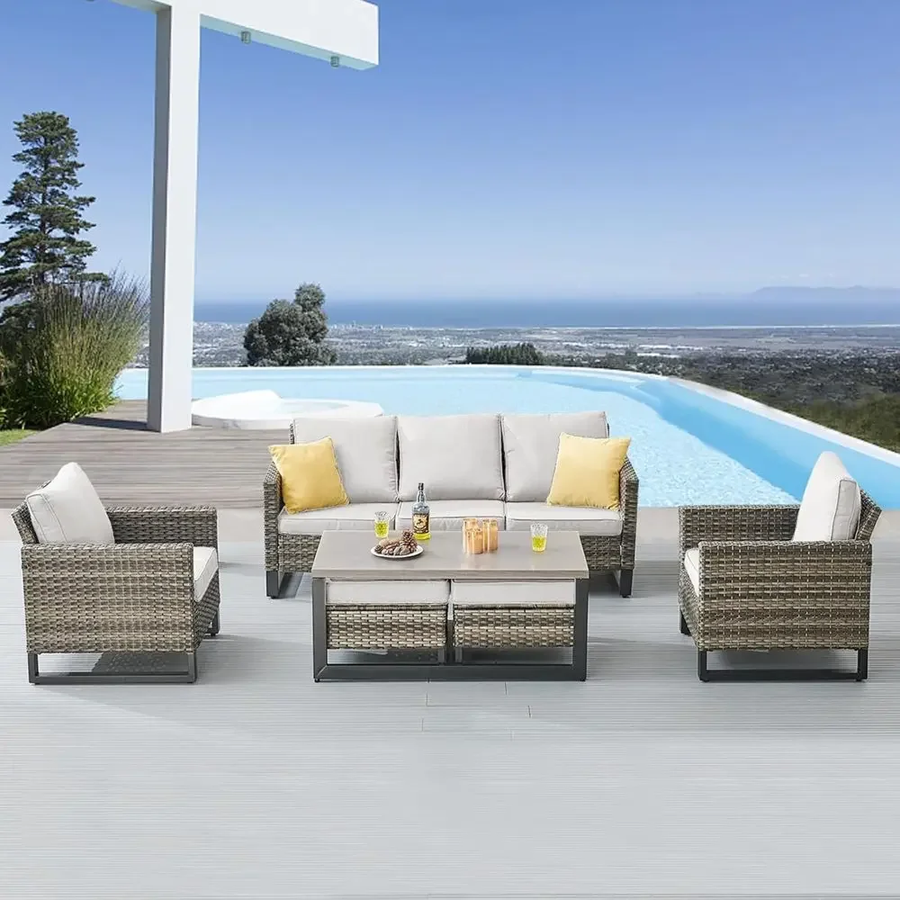 

6-Piece Patio Wicker Sofa Set with Oversized Dining Chairs and Rattan Ottomans, Beige Cushions Included