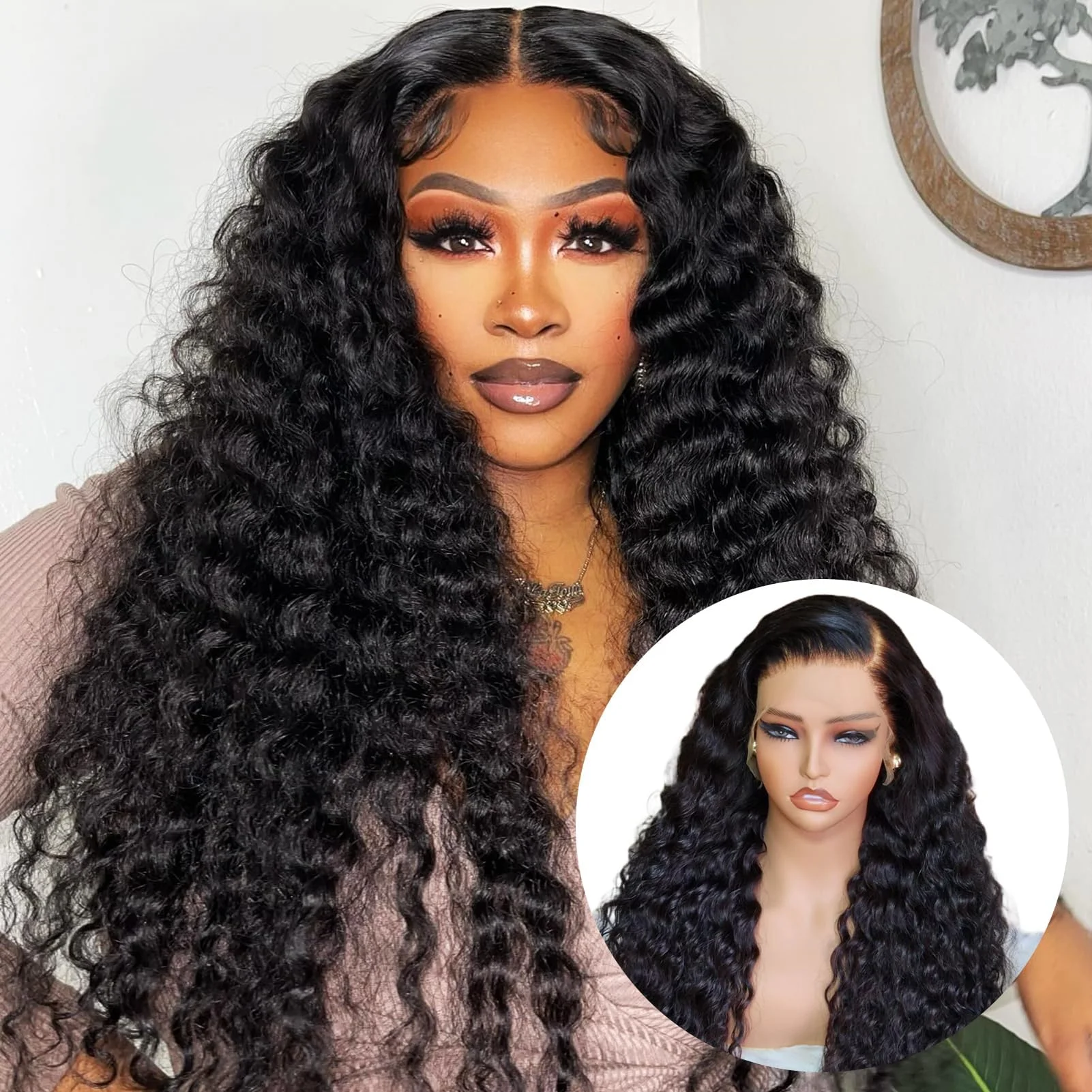 Perruque Lace Front Deep Wave en Cheveux Humains, Dentelle HD 13x6, Densité 220%, Sans Colle, Pré-Pluckée avec Baby Hair, Perruques Lace Frontal HD Transparentes Bouclées Profondes pour Femmes, Noir Naturel, Perruque Lace Closure 7x6