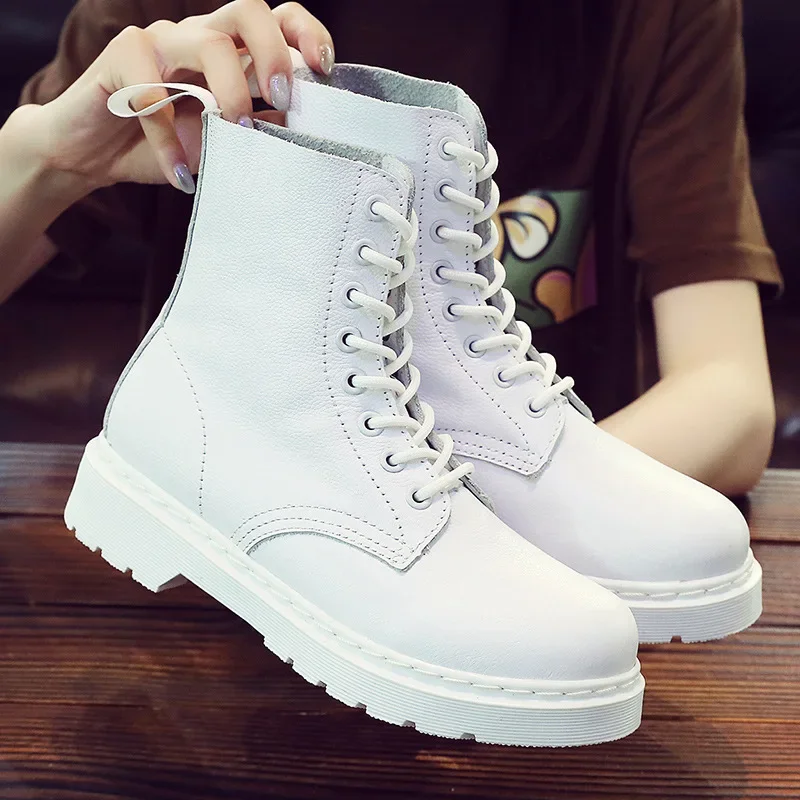 

White Leather Zapatos Mujer 2025 Tendencia Narrow Band Lace-Up Motorcycle Boots For Women Platform Chunky Mid Heels Concise Lady