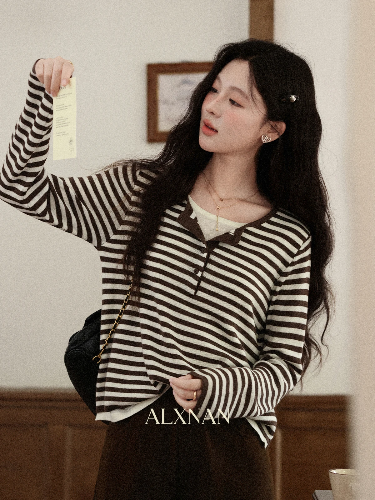 

ALXNAN полосатый свитер с длинными рукавами, осенний новый искусственный трикотаж из двух предметов, осень 2021, модные повседневные шерстяные топы свободного покроя, женские L57152