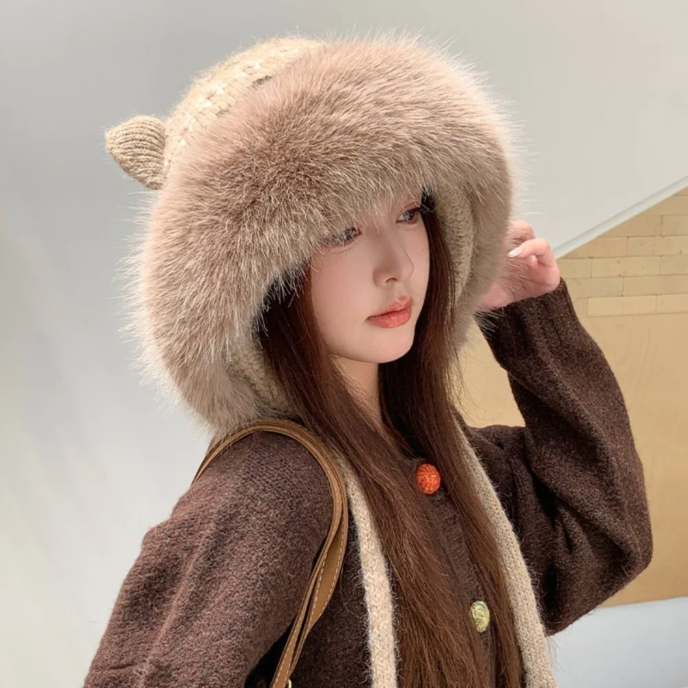 Polyester Thick Knitted Hat Fair Isle Pattern Ear Flaps Cat Ears Hat 56cm to 58cm Ear Protection Winter Warm Hat Outdoor
