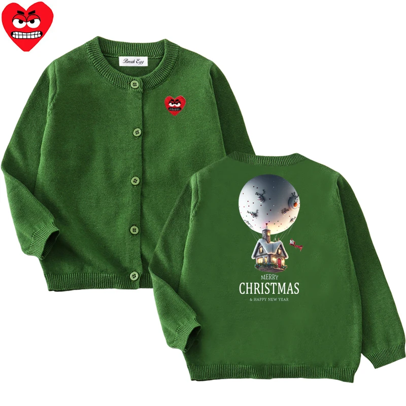 Christmas Balloon House Printing Boy Girl Cardigan Cotton Red Snag Heart Embroidery O-neck Buttons Long Sleeves Autumn Sweater