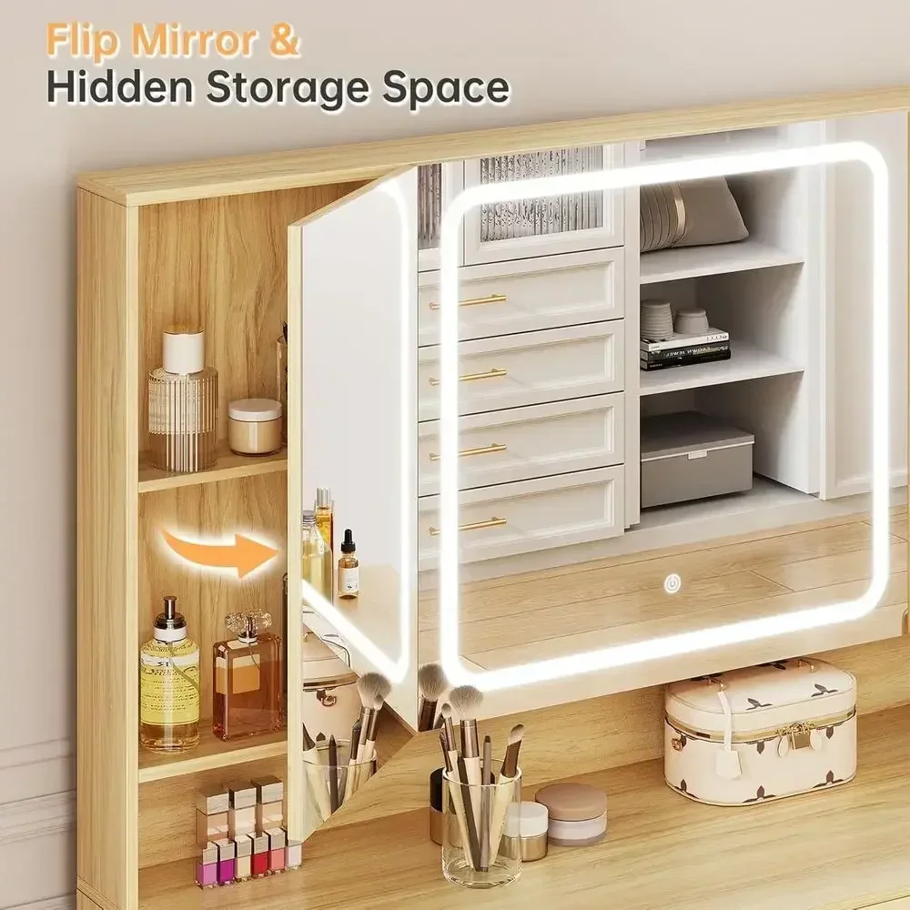 9 Drawers Oak Makeup Vanity Desk with Adjustable LED Lighted Mirror and Power Outlet for Bedroom or Dressing Room