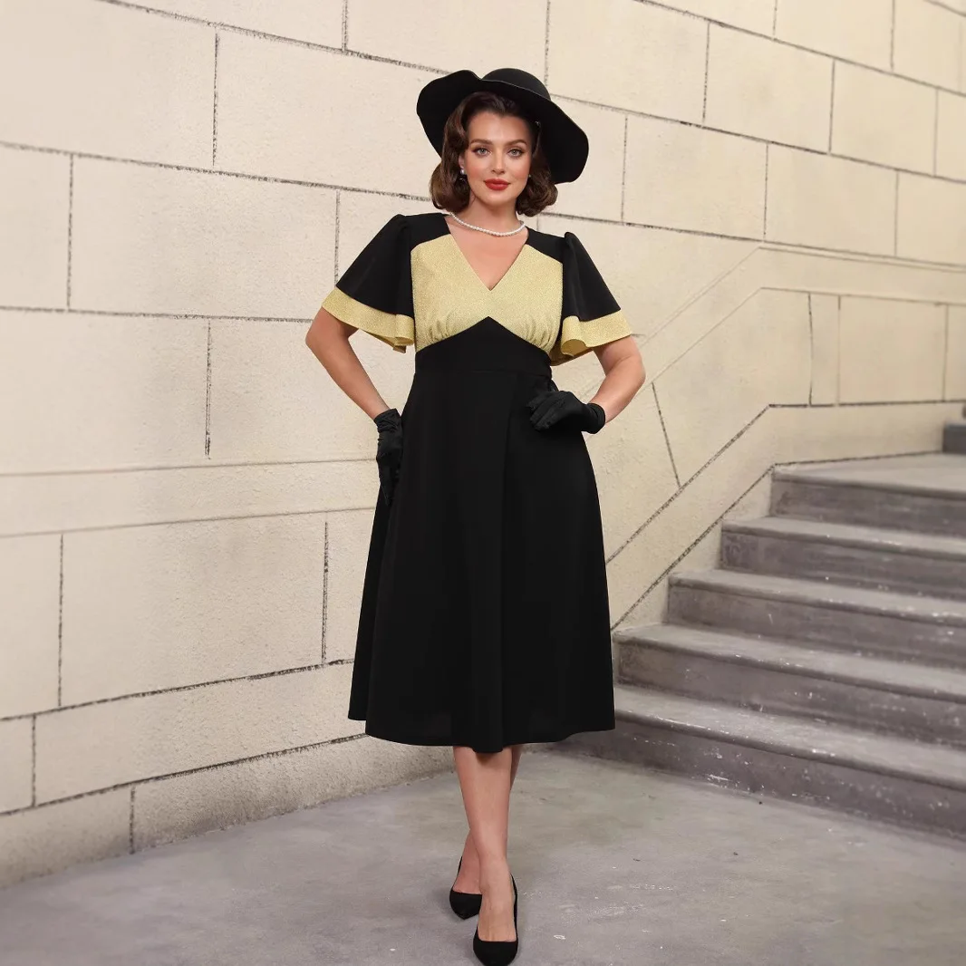 プラスサイズカラーブロックグリッタードレスフリルスリーブ A ライン痩身黒ドレス女性のドレスパーティー夏エレガンテスカジュアル Y2k