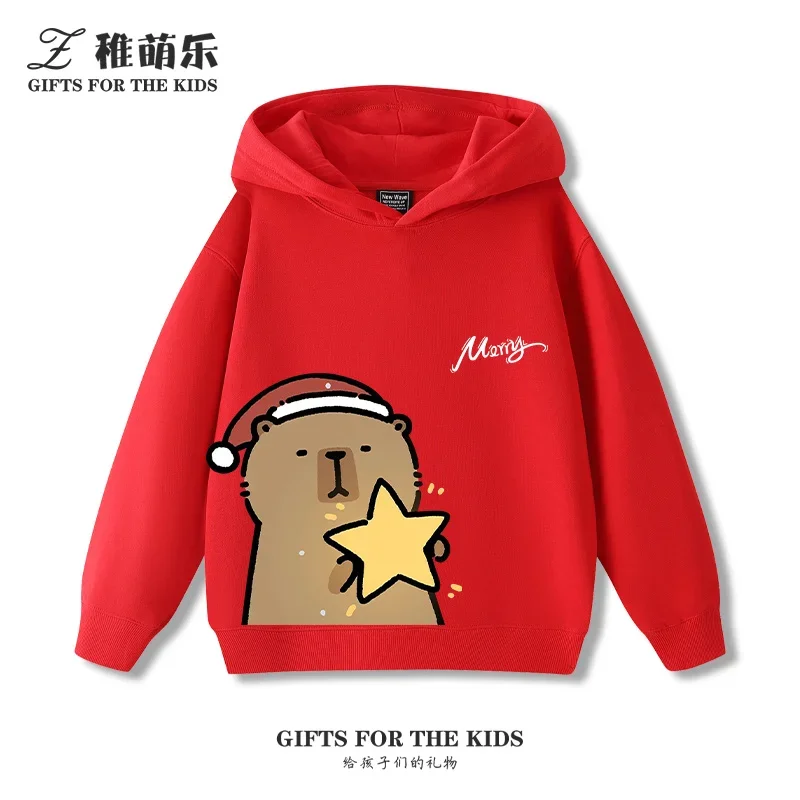 

Children's hoodies autumn and winter new cute Christmas capybara print boys and girls fashionable casual comfortable warm hoodie