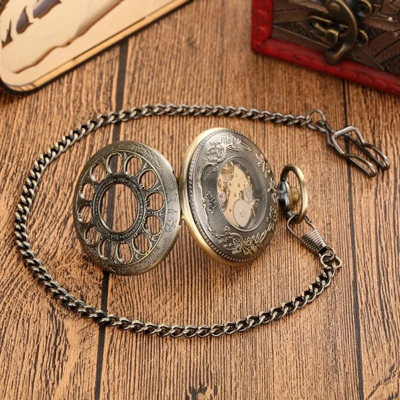 Transparent Hollow Roman Numerals Display Mechanical Pocket Watch Hand-Winding Luxury Vintage Pendant Chain Clock Gift Male