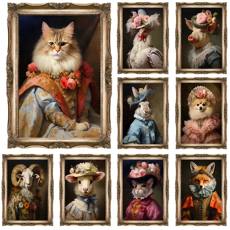 Vintage Animal Aristocratic Royal Pet Portrait Dog Cat Posters and Prints Canvas Printing Wall Art Picture for Living Room Decor