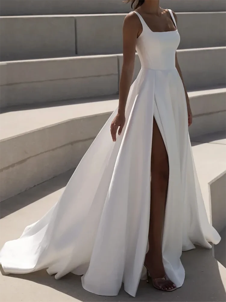 

Simple Square Neck Wedding Dresses Sleeveless High Slit Half Open Back Bridal Growns Floor Length A Line Satin Vestidos De Novia