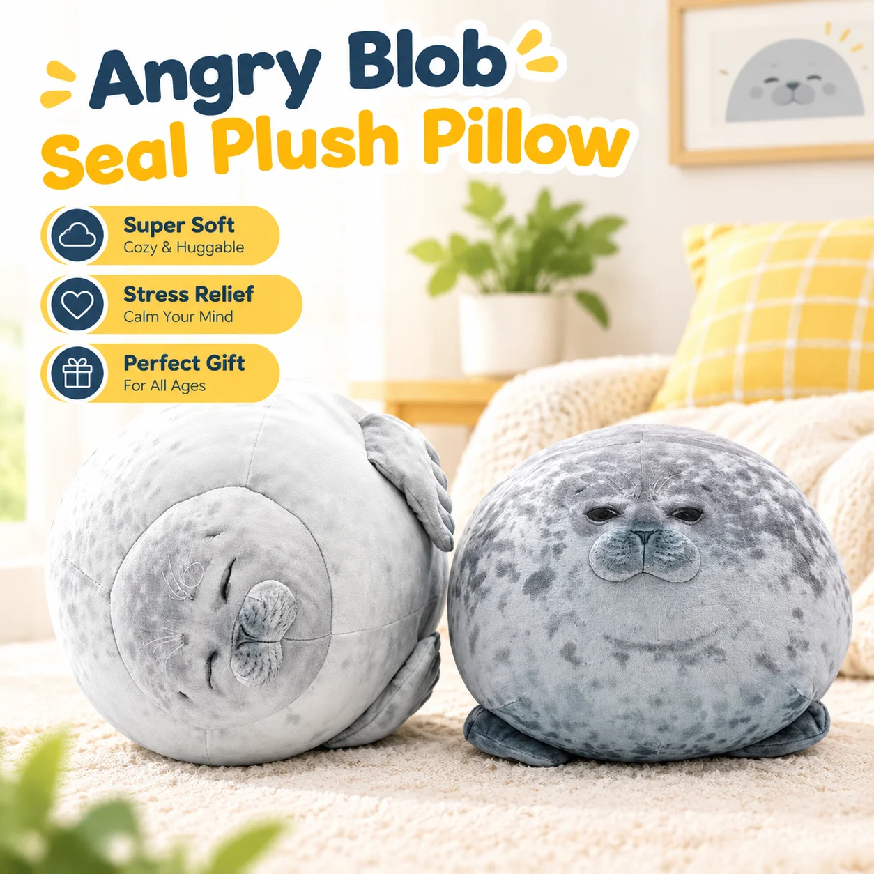 Angry Blob Seal Plush Pillow 3D Stuffed Animal Toy Soft PP Cotton Stress Relief Hugging Gift 20-60cm