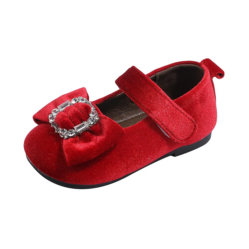 Vintage rhinestone Baby Girls Velvet Mary Jane Flats Anti-Slip Soft Rubber Sole Toddler Bowknot First Walkers Shoes