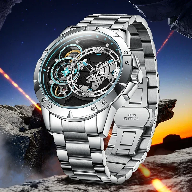 MARK FAIRWHALE Fashion  Earth design Mens Automatic Movement Watch Hollowed Out Solid Steel Strap Waterproof for montre luxe