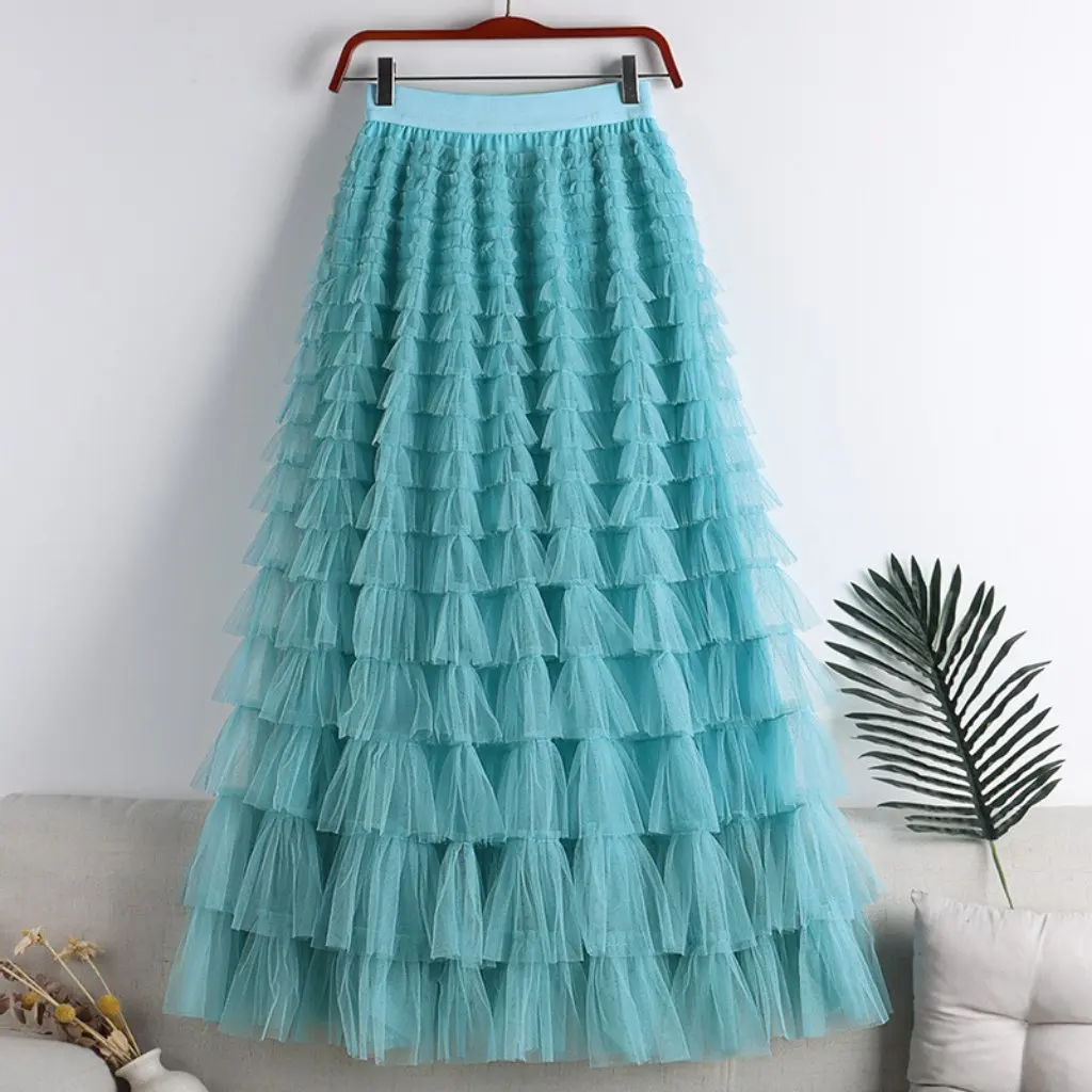 

Elegant Mesh Lotus Leaf Skirt Sexy Fluffy Design Spring Summer Slimming Look Celebrity Style Long Cake Skirt for Women
