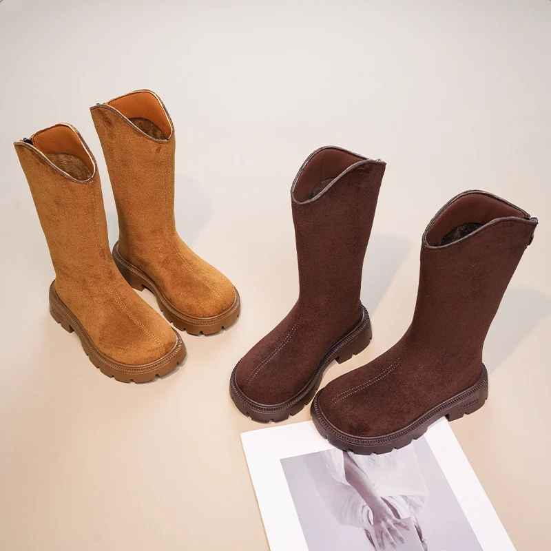

Girls Plush Lining Mid-calf Boots 2025 New Winter Kids Platform Leather Boots Non-slip Simple Chic School Christmas Party Boots