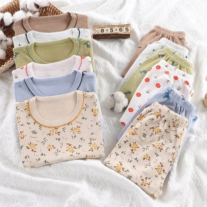Kids Pajama Set Pure Cotton Cartoon Floral Boys Sleepwear Girls Loungewear Suit Children Sleep Set 1-6Y Soft Sleepwear Outfit