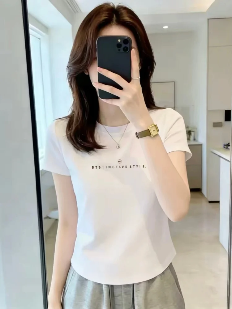White Short Sleeve T-Shirt Women's Fashion Unique Shoulder Body Summer New Arrival Korean Style Standard Fit Pure Color Comfo...