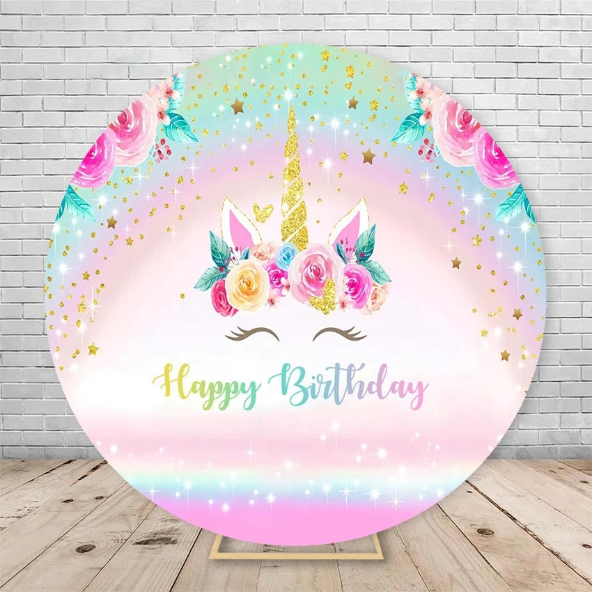 Newborn Baby Shower Rainbow Unicorn Round Photo Background Glitter Kids Birthday Decor Circle Polyester Backdrop Photography