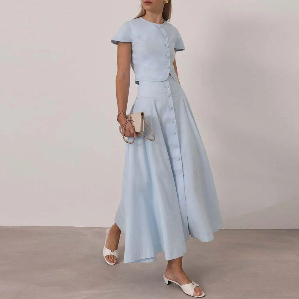 

Elegant Baby Blue Evening Dresses O Neck Short Sleeves High Quality Banquet Celebrity Formal Occasion Female Gowns Design