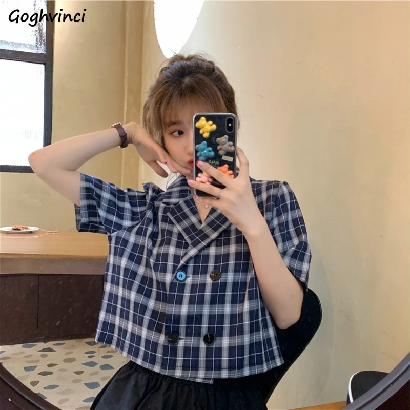 Blazer scozzesi Donna Stile retrò coreano Estate Manica corta Doppio petto Allentato Accogliente Crop All-match Chic Elegante Office Lady