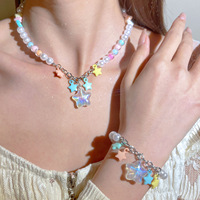 2pc/Set Fashionable Colorful Star Pendant, Y2k Five Star Pendant Bead Bracelet Necklace, Suitable For Women's Party Jewelry Set