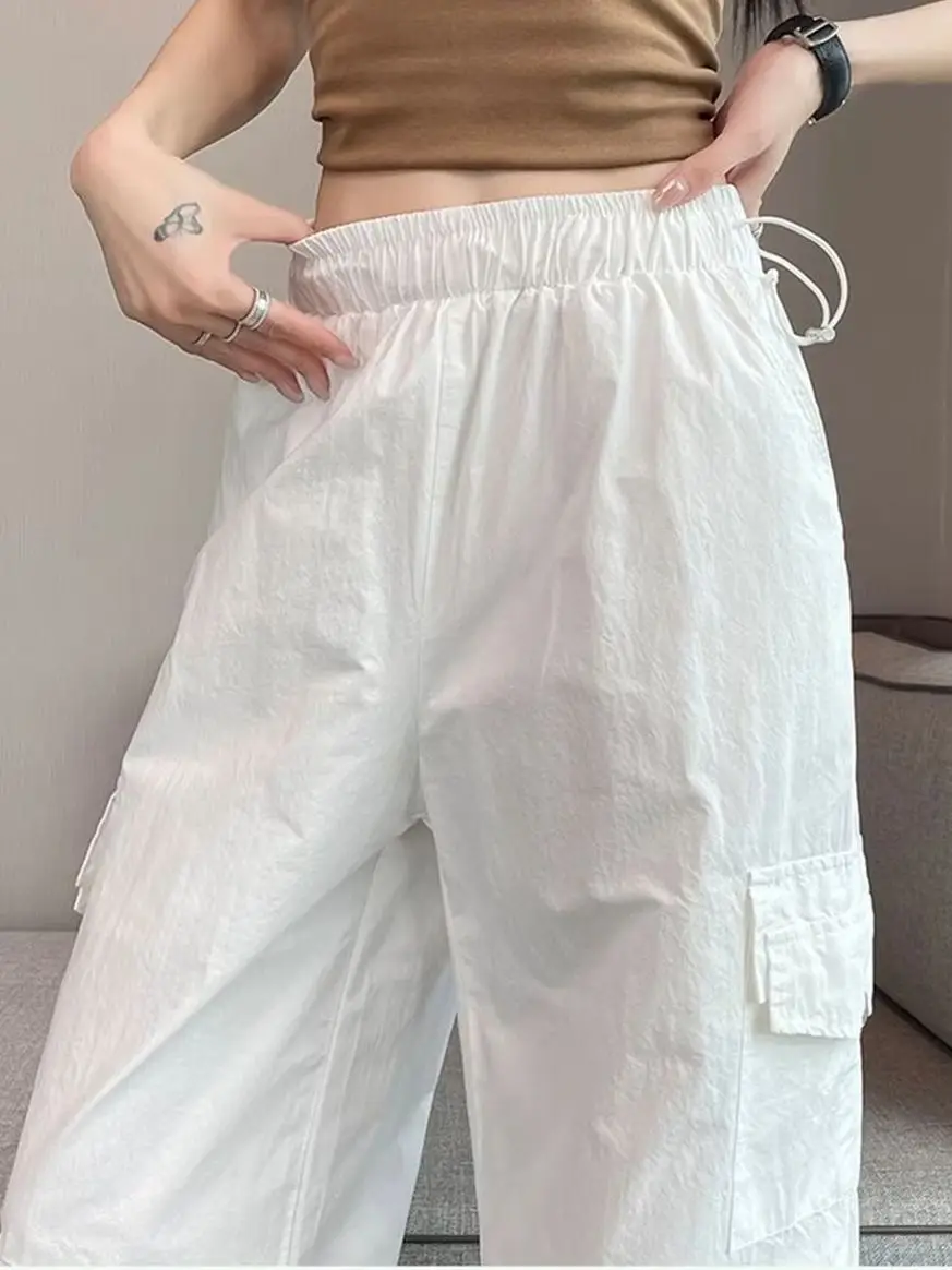 Wide Leg Cargo Pants Elastic Waist Drawstring Hem Multi Pockets Casual Loose Streetwear Trousers Outdoor Daily Wear Fashion 2026