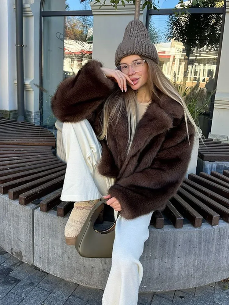 

2025 Autumn Winter Straight Outerwear Retro Faux Fur Open Stitch Coat Women Solid Loose Long Sleeve Lapel Warm Coats Female