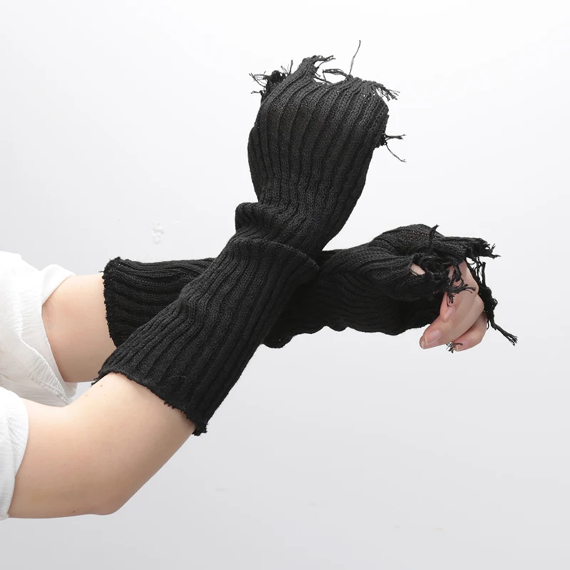 New Girl Gloves Black  Beige Tattered Punk Unisex Fingerless Cuff Knit Glove Women Men Elbow Mittens Broken Arm Warmer Gloves