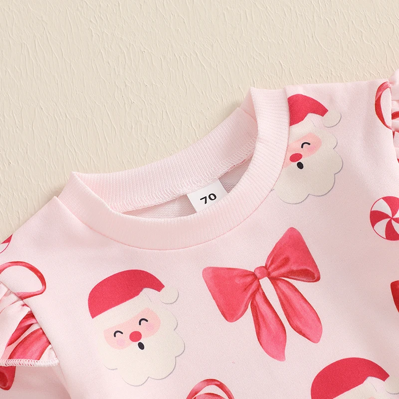 Baby Girl Christmas Outfits Bow Crew Neck Long Sleeve Santa Claus Printed Girls Tops with Pants