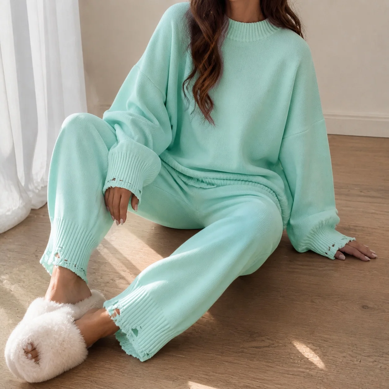No Pattern Patchwork Set Full Length Japanese Korean Casual with Long Sleeve Long Pants Autumn Sweater Top Winter Women Sets