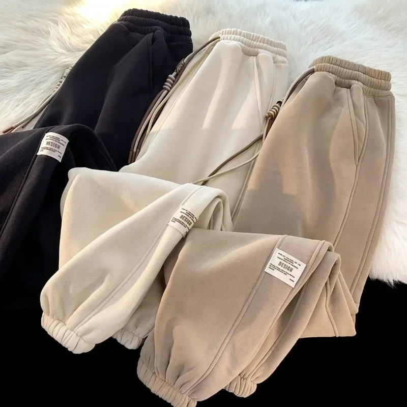 Plush Velvet and Thickening Women Trousers Winter Clothes Street Casual Pockets Splicing Drawstring High Waist Loose Sweatpants