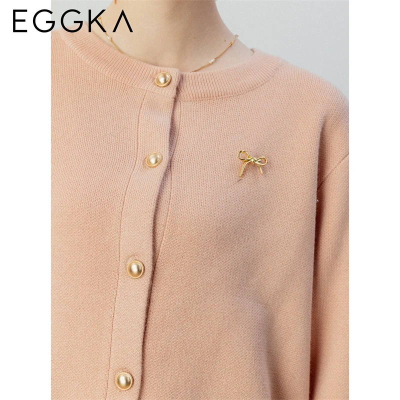 EGGKA Autumn Bow Sweater Cardigan Female Temperament Slim Knit Sweaters Korean Style Single Breasted Pink Cardigan Gray 2024 New
